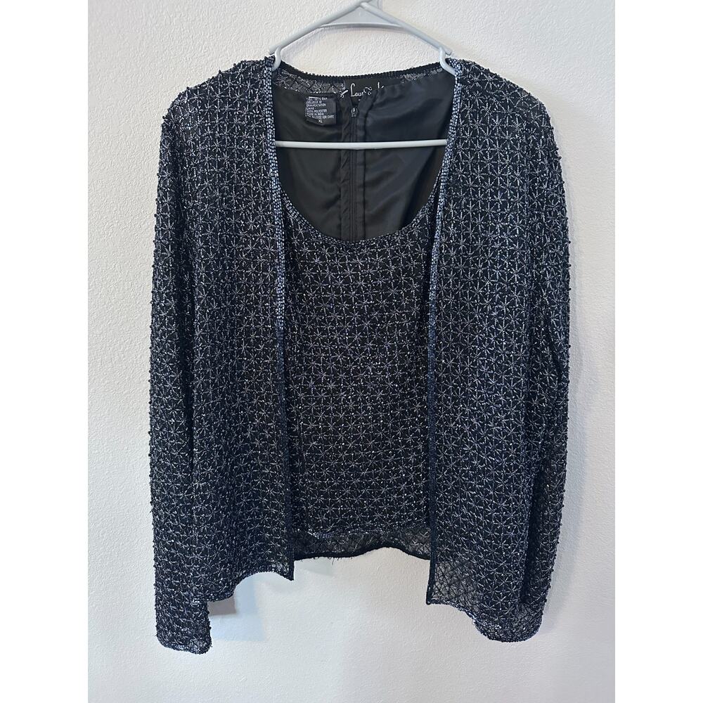 Vintage‎ Laurence Kazar silk sequineed sheer black and silver top and jacket XL